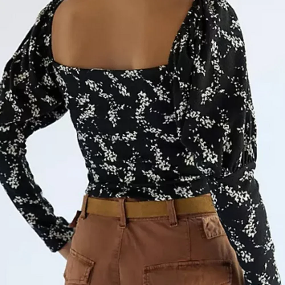 Anthropologie 3X NWT Sweetheart Top Black Motif Puff Sleeves Blouse